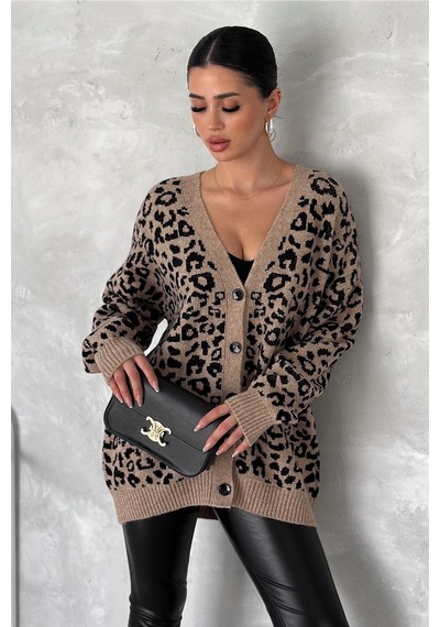 Femelle Kadın Kahverengi Leopar Desen Oversize Triko Hırka