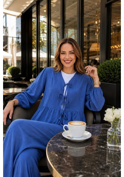 Hb Harma Time Butik Kadın Bağlamalı Çilek Kumaş Mavi Tunik Pantolon İkili Takım