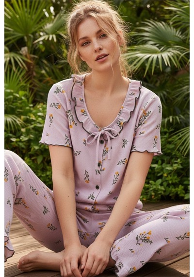 Siyah İnci Bürümcük-krınkıl Düğmeli Pijama Takım26120625 Lila