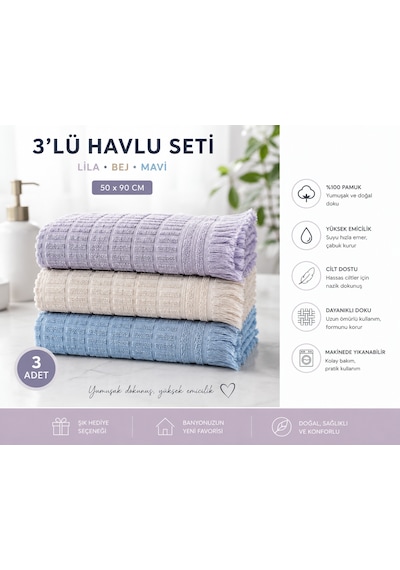 3'lü Pamuklu El Yüz Havlusu Seti 50x90 Cm Yumuşak Dokulu Yüksek Emici Günlük Kullanım Havlu Lila