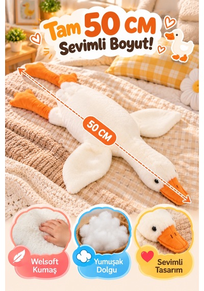 Beyaz Peluş Ördek 50 Cm Yumuşak Welsoft Kumaşlı Sevimli Oyuncak Sarılmalık Uzun Ördek Çocuklar İçin