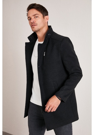 Buratti Slim Fit Düğmeli Dik Yaka Kaşe Erkek Kaban 5840099 Füme