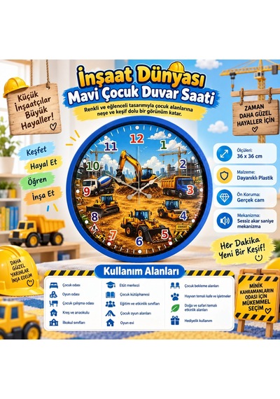 Almira Duvar Saati İnşaat Dünyası Mavi 36 X 36 Cm Çocuk Duvar Saati