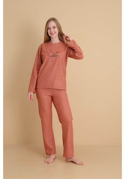 Wordex Mırano 3150 Selanik Kumaş Kışlık Kalın Kumaşlı Kadın Pijama Takımı Kiremit