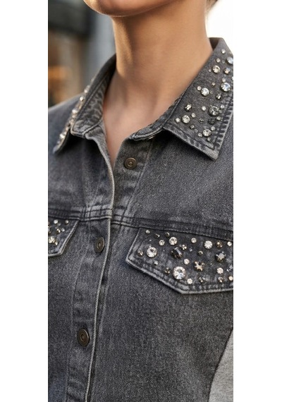 Stormwear Çift Kumaş Detaylı Taşlı Denim Gömlek Gri