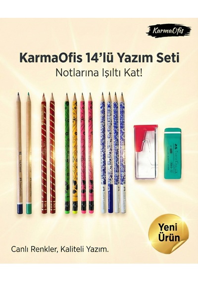 14 Lü Yazım Seti Set 1 Renkli Kalem Seti, Silgi + Kalemtıraş, Okul & Ofis İçin Çok Renkli