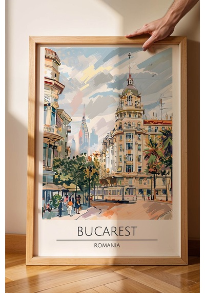 Romanya Bükreş Temalı Çerçeveli Tablo Travel Serisi Modern İllüstrasyon Şehir Duvar Dekoru Kayın