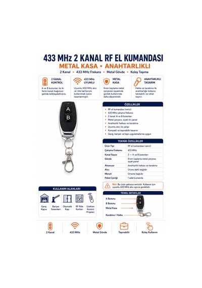 433 Mhz 2 Kanal Rf El Kumandası - Metal Kasa, Anahtarlıklı
