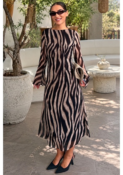 Madmext Bej Zebra Desenli Şifon Midi Elbise Mg2854