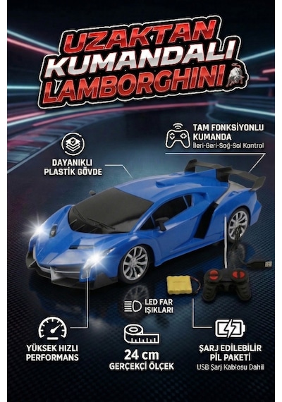 Uzaktan Kumandalı Şarjlı Araba 24 Cm Işıklı Ferrari & Lamborghini Model Full Fonksiyonlu Oyuncak Lacivert Lamborghini