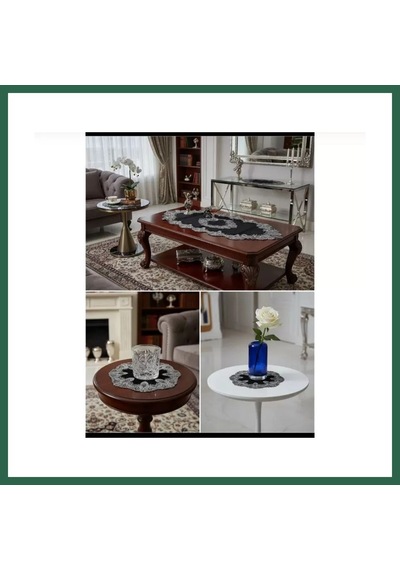 Bezos Salon Takımı 5 Parça Velvet Kadife Dantelli Masa Örtüsü Runner Seti Elora Model No 3616- Siyah Bzs01