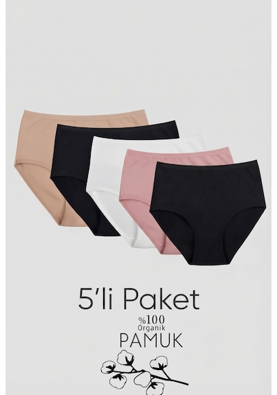 Qulothes 5 Li Paket Pamuklu Yüksek Bel Hava Alan Raporlu Kumaş Kadın Külot çok Renkli