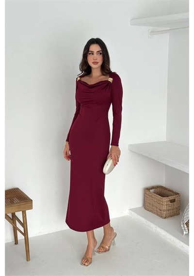 Neşeli Butik Kadın Drapeli Kayık Yaka Gold Aksesuarlı Elbise Nbk4386 Bordo