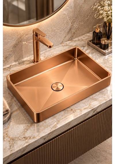 Alfas Aura Dikdörtgen 51x36cm Pvd Rose Gold Tezgah Üstü Tezgah Altı Banyo Mutfak Lavabo 304 Çelik
