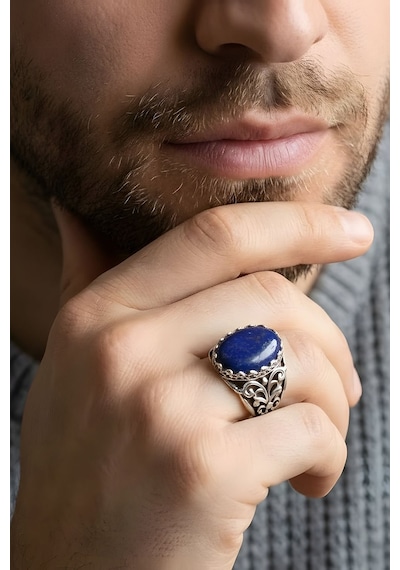 Hünkar Model El İşi Lapis Lazuli Taşlı Gümüş Yüzük 30 Gümüş