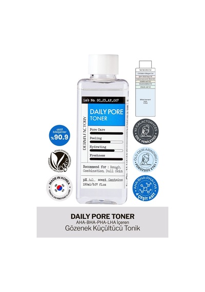Derma Factory AHA-BHA-PHA-LHA İçeren Gözenek Küçültücü Tonik Derma Factory Daily Pore Toner 150ml