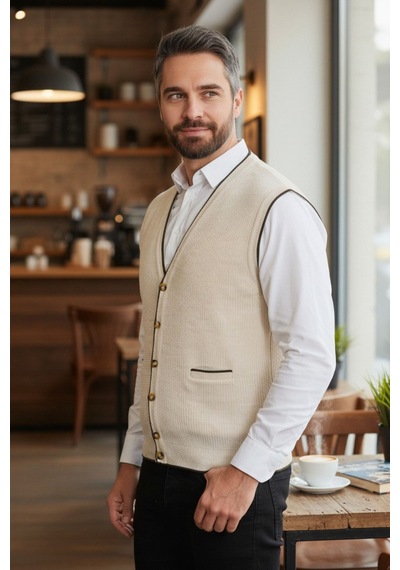 Kamalı Erkek Krem V Yaka Triko Düğmeli Cepli Çizgi Desenli Regular Fit Tüylenmeyen Örgü Yelek Taş