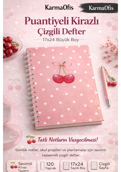 4'lü Spiralli Çizgili Defter Seti 17x24 120 Yp Kurdele, Kiraz Ve Puantiyeli Tasarım