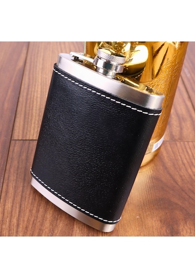 Perlotus 8 Oz 235 Cc Hunili Siyah Hakiki Deri Kılıflı Çelik Viski İçki Matarası Siyah