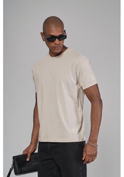 King Brich Slim Fit Kalıp Kolu Ribanalı Basic %100 Pamuklu Tişört Bej