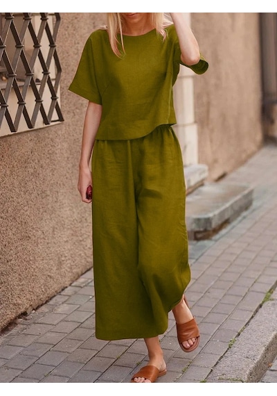 Barbora Keten Günlük Rahat Beli Lastikli Kadın İkili Takım Alt Üst Ln10haki10 001