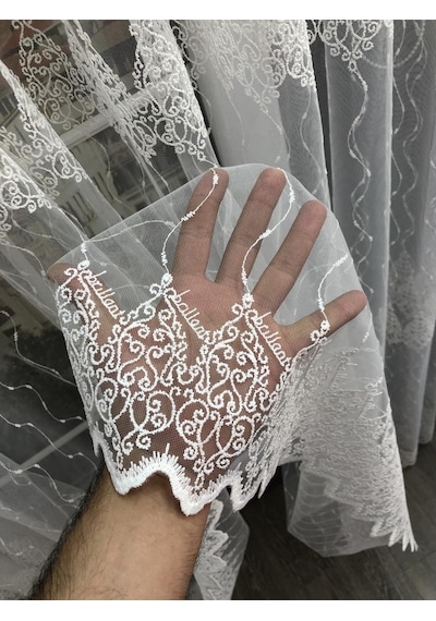 Tül Perde Samdaç Desen Brode Işlemeli Tül Ekru