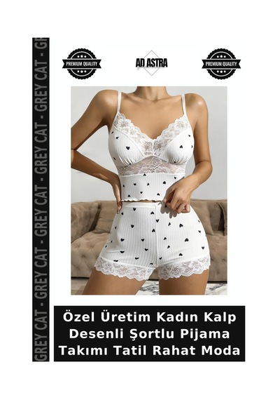 Grey Cat Özel Üretim Kadın Kalp Desenli Şortlu Pijama Takımı Tatil Rahat Moda Beyaz