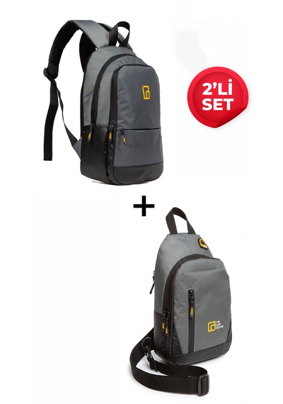 Esvelans Unisex Mini Sırt Çantası Ve Çapraz Askılı Göğüs Omuz Çantası Body Bag Set Gri
