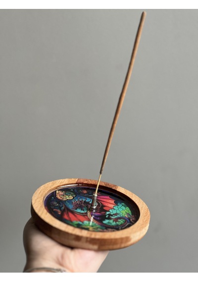 Ahşap Üzerine Epoksi Mandala Desenli Yuvarlak Tütsülük -12 Cm Çap- Ejderha/dragon