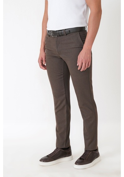 Slim Fit Yan Cepli Esnek Yünlü Kahverengi Çizgili Pantolon P 1236
