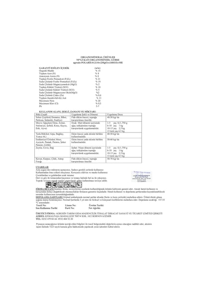 Agrosin Polaris 8.21.0+ 2mgo + 10so3 +me Organomineral Granül Gübre 50 Kgübre 50 KG