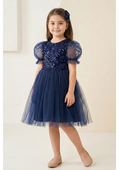 Mnk Baby & Kids Balon Kol Pul Payet Kız Çocuk Tütü Elbise M00751 Lacivert