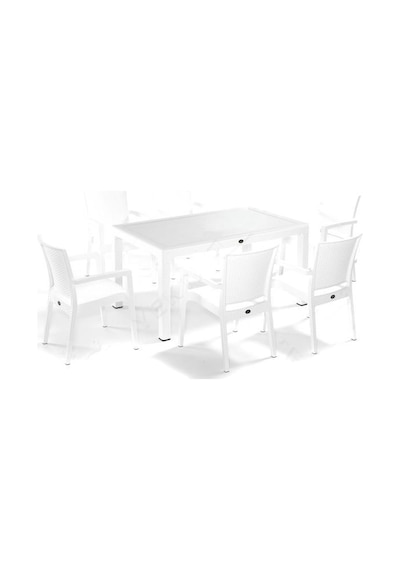 Novussi Liverno Rattan BEYAZ Masa Takımı 90*150 Camlı Masa 6 Adet Beyaz
