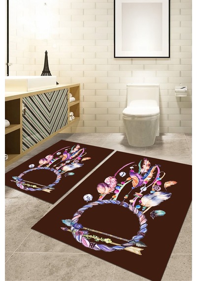 Buççin Online Mağaza Dijital Baskılı Yıkanabilir Ve Kaymaz Tabanlı Renkli Kuş Tüy Model Banyo Paspası Klozet Takımı Polye Çok Renkli