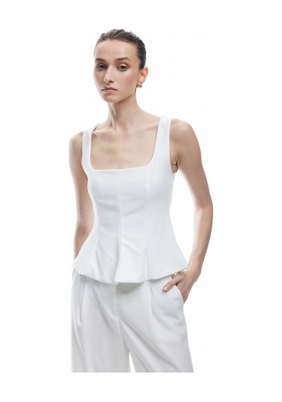Koton Krep Scuba Kumaş Kare Yaka Kolsuz Peplum Bluz Beyaz 5sak70064ek Beyaz