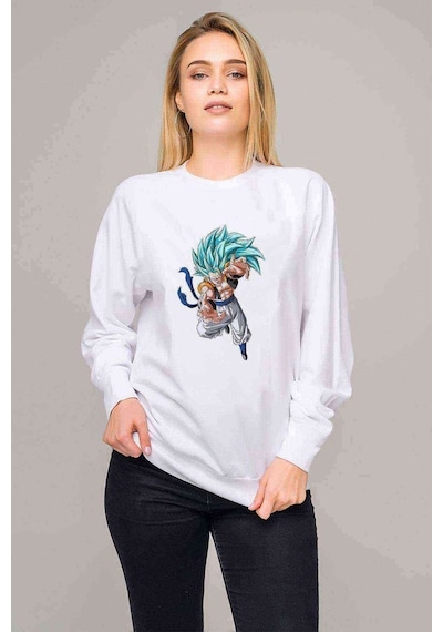 Anime Dragon Ball Z Son Goku Baskılı Beyaz Kadın Sweatshirt