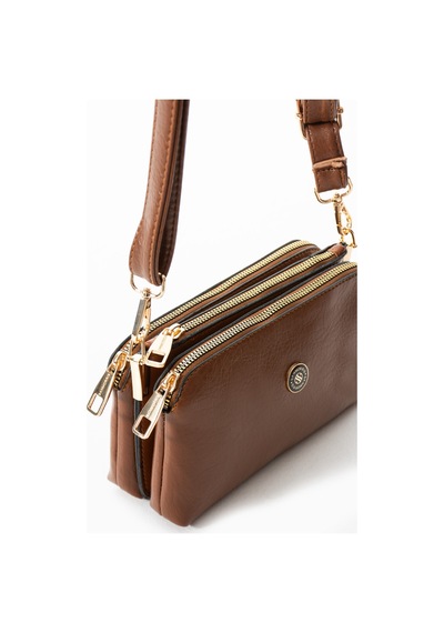 Vıatox Sedef Çanta Ss 1444 Kadın Suni Deri 3 Bölmeli Metal Fermuarlı Çapraz Askılı Küçük Boy Omuz Çantası Taba