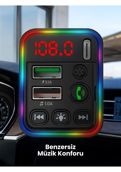 Bluetooth Araç İçi Fm Transmitter Pd + 3.1a Hızlı Şarj Çift Usb Rgb Led Ekranlı Müzik Çalar