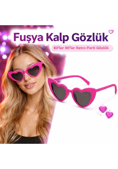 Tedar Fuşya Pembe Retro Kalp Gözlük 80 Ler 90 Lar Stil Parti Gözlüğü Najmaddin "