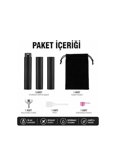 Tr Parfüm Şişesi 10 Ml 3'lü Set Cep Parfüm Şişesi Doldurulabilir Parfüm Doldurma Şişesi Seyahat Boy Parfüm Ş