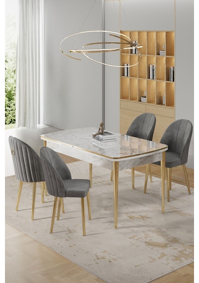 Canisa Rada Serisi 80x132 Açılabilir Lak Panel Beyaz Mermer Desen Masa 4 Gri Sandalye Gold Detay Masa Beyaz Mermer Desen Sandalye Gri Canisa Rada Serisi 80x132 Açılabilir Lak Panel Beyaz Mermer Desen Masa 4 Gri Sandalye Gold Detay Masa Beyaz Mermer Desen Sandalye Gri