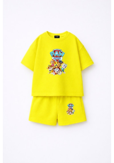 Fasardi Paw Patrol Baskılı Oversize %100 Pamuk Tişört Şort Çocuk 2li Takım Sarı