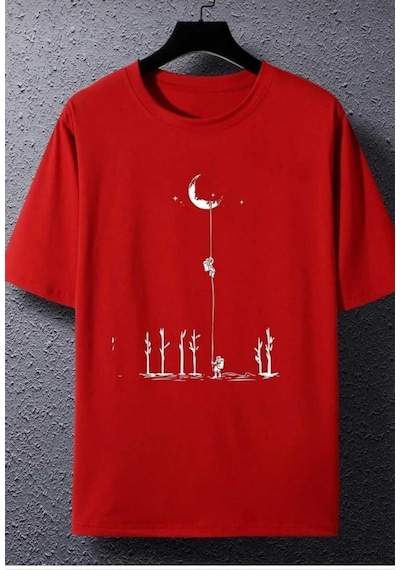 Kozia Outdoors Aya Tırmanan Astronot Baskılı Oversize Basic O Yaka Unisex T-shirt Kirmizi