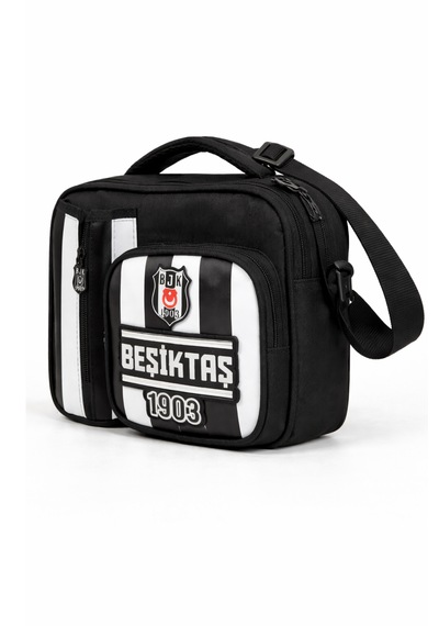 Beşiktaş Lisanslı Çubuklu Desen Rubber Logolu Su İtici Kumaşlı Beslenme Çantası Siyah - Beyaz