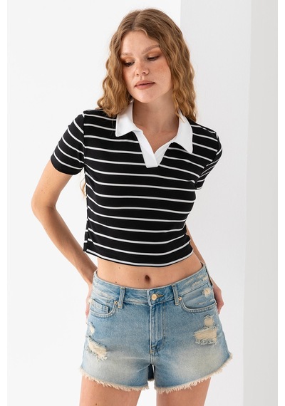 Giysa Kadın Polo Yaka Çizgili Pamuklu T-shirt Siyah Beyaz - 25795 Siyah - Beyaz