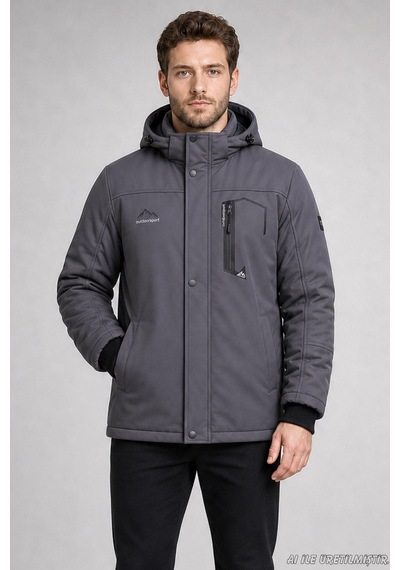 Freemen Erkek Kapüşonlu İçi Kürklü Su Ve Rüzgar Geçirmez Outdoor Softshell Mont-414 Gri