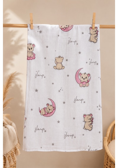 Minora Baby&Kids %100 Pamuk Müslin Bebek Örtüsü Çok Amaçlı Müslin Battaniye - 100 x 100 CM Pembe Ayı