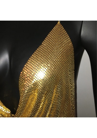 Hazego Parlak Gold Crop & Bluz Kolsuz Kayık Yaka Zırh Büstiyer Std