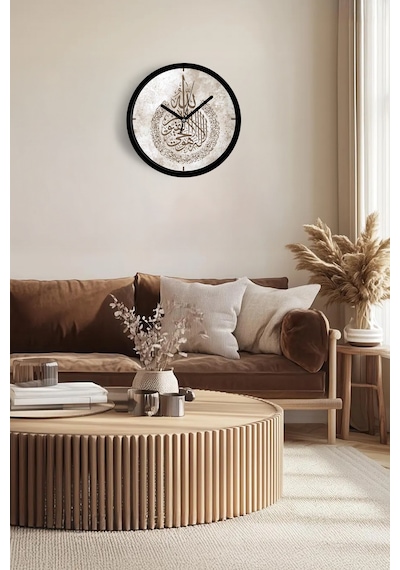 Ayet-el Kürsi Arapça Hat Yazılı Dekoratif Duvar Saati İslami Sanat Tasarımı - 25cm - Önü Camlı-jh1203 Siyah