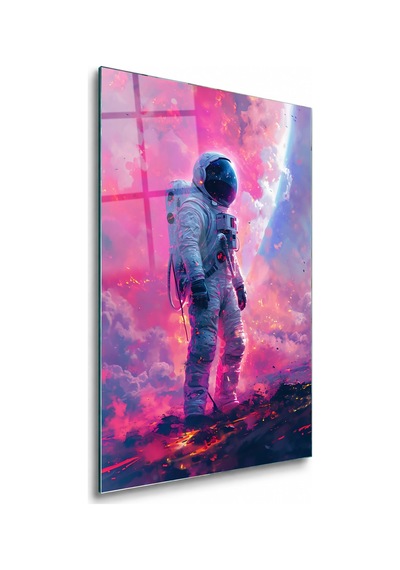 Pembe Bulutlarda Yürüyen Astronot Çerçevesiz Cam Tablo